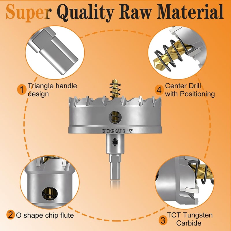 DECKRKAT 3-1/2" TCT Hole Saw for Hard Metal, Heavy Duty 90mm Tungsten Carbide Tipped Hole Cutter with Spring-Loaded Pilot Drill Bit for Stainless Steel, Metal, Iron, and Plastic. - Image 4